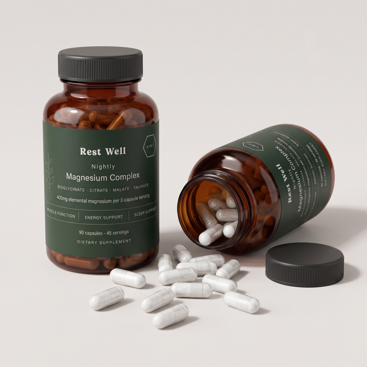 RestWell bottle open with white capsules spilling out beside a sealed bottle