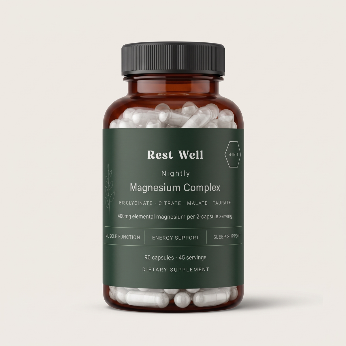 RestWell Nightly Magnesium Complex bottle, front label, 90 capsules