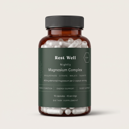 RestWell Nightly Magnesium Complex bottle, front label, 90 capsules