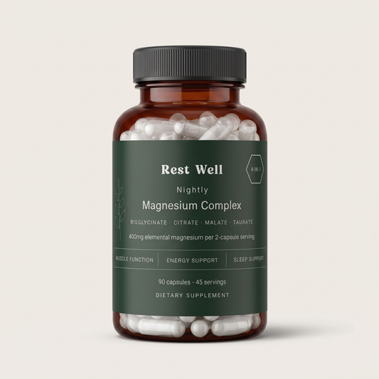 RestWell Nightly Magnesium Complex bottle, front label, 90 capsules