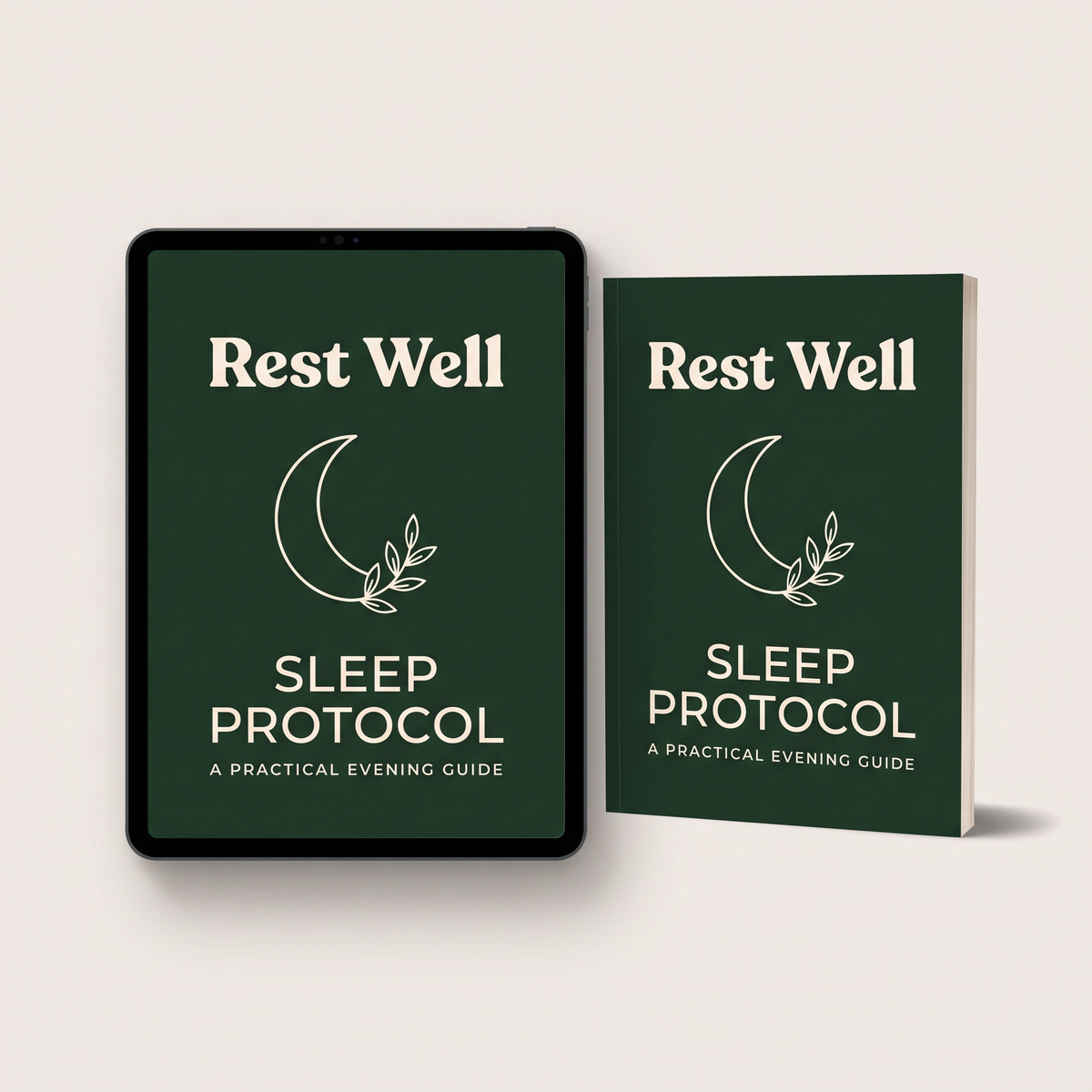 RestWell Sleep Protocol E-Guide shown on a tablet and in print