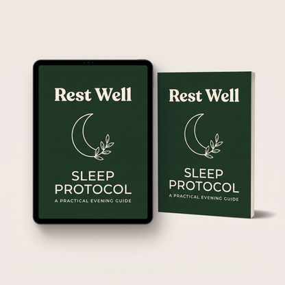 RestWell Sleep Protocol E-Guide shown on a tablet and in print