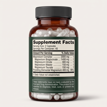 RestWell Nightly Magnesium Complex Supplement Facts panel, 400mg elemental magnesium